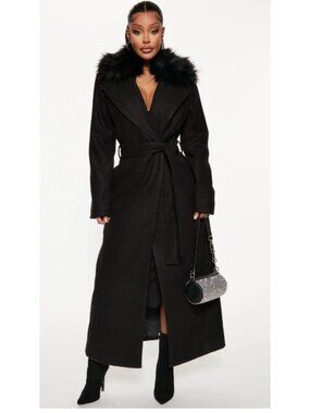 Fashion Nova I’m A Goddess Trench Coat XL Black Faux Fur Belted Long Coat NWT